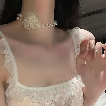 Rose Flower Choker Necklace Vintage Pearl Choker Necklace for Women Artificial Pearl, Dripping Oil Rose Choker Bride Wedding Party Summer Necklace for Women (White)