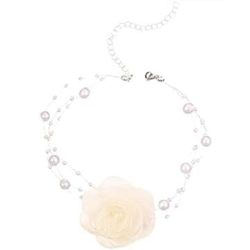 Rose Flower Choker Necklace Vintage Pearl Choker Necklace for Women Artificial Pearl, Dripping Oil Rose Choker Bride Wedding Party Summer Necklace for Women (White)