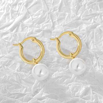 Pearl Hoop Earrings for Women 14k Gold Plated Pearl Dangle Small Hoop Earrings with 925 Sterling Silver Post (Gold)