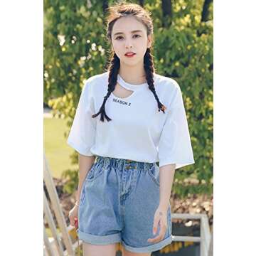 Plaid&Plain Women's High Waisted Denim Shorts Rolled Blue Jean Shorts Light Blue XS