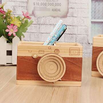 BREIS Vintage Camera Pen Holder,Creative Cute Desk Wooden Pencile Organizer Accessories for Office Home Decoration