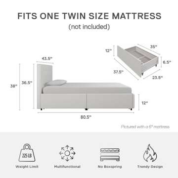 DHP Dakota Upholstered Platform Bed with Underbed Storage Drawers and Diamond Button Tufted Headboard and Footboard, No Box Spring Needed, Twin, White Faux Leather