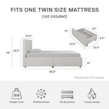 DHP Dakota Upholstered Platform Bed with Underbed Storage Drawers and Diamond Button Tufted Headboard and Footboard, No Box Spring Needed, Twin, White Faux Leather