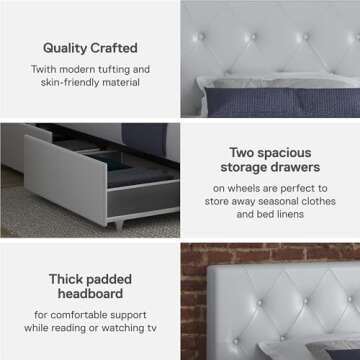 DHP Dakota Upholstered Platform Bed with Underbed Storage Drawers and Diamond Button Tufted Headboard and Footboard, No Box Spring Needed, Twin, White Faux Leather