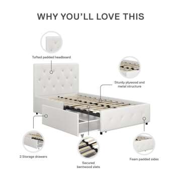 DHP Dakota Upholstered Platform Bed with Underbed Storage Drawers and Diamond Button Tufted Headboard and Footboard, No Box Spring Needed, Twin, White Faux Leather