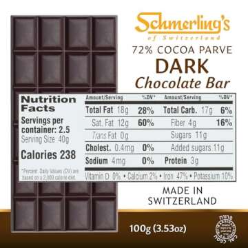 Schmerling's Dark Swiss Chocolate - 72% Cocoa - All Natural Chocolate - Vegan - Gluten Free - Paleo ...