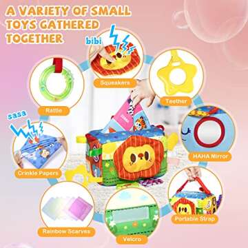 Baby Tissue Box Toy, Magic Sensory Tissue Box Toy Baby, 8 in 1 Montessori Tissue Box Pre-School Education Toys with Crinkle Tissue Papers Tags Squeakers Teether Rattle for Baby 6 Month and up