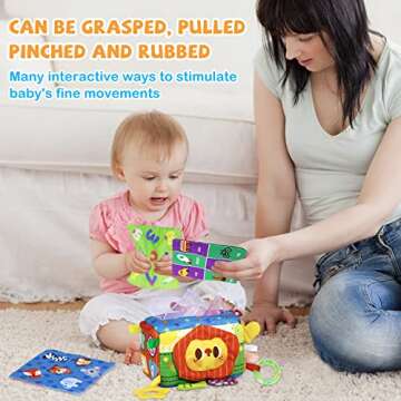 Baby Tissue Box Toy, Magic Sensory Tissue Box Toy Baby, 8 in 1 Montessori Tissue Box Pre-School Education Toys with Crinkle Tissue Papers Tags Squeakers Teether Rattle for Baby 6 Month and up