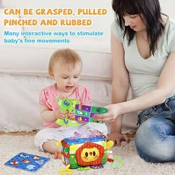 Baby Tissue Box Toy, Magic Sensory Tissue Box Toy Baby, 8 in 1 Montessori Tissue Box Pre-School Education Toys with Crinkle Tissue Papers Tags Squeakers Teether Rattle for Baby 6 Month and up