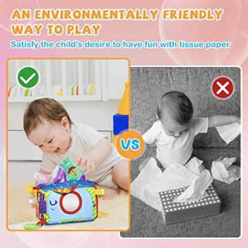 Baby Tissue Box Toy, Magic Sensory Tissue Box Toy Baby, 8 in 1 Montessori Tissue Box Pre-School Education Toys with Crinkle Tissue Papers Tags Squeakers Teether Rattle for Baby 6 Month and up