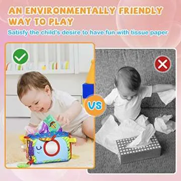 Baby Tissue Box Toy, Magic Sensory Tissue Box Toy Baby, 8 in 1 Montessori Tissue Box Pre-School Education Toys with Crinkle Tissue Papers Tags Squeakers Teether Rattle for Baby 6 Month and up