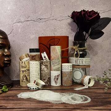 wonderbooom Vintage Washi Tape Set 18 Rolls & 30 Pcs Transparent Lace Sticker,Japanese Decorative Writable Tapes Wide for Scrapbooking Supplies Bullet Journal DIY Planners Junk Journal