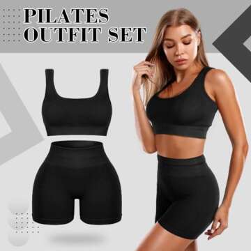 Floraltop 4 Pcs Women's Workout Sets Pilates Exercise Outfit Ribbed Scoop Neck Sports Bra Shorts Leg...