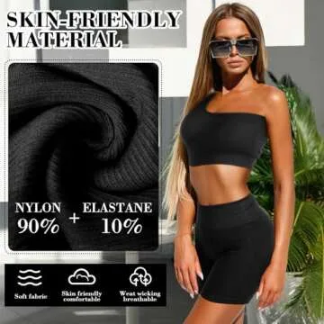 Floraltop 4 Pcs Women's Workout Sets Pilates Exercise Outfit Ribbed Scoop Neck Sports Bra Shorts Leggings Gym Clothes Set (Black,Large)