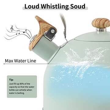 LONFFERY Tea Kettle for Stove Top, 2.5 Quart Whistling Tea Kettle, with Food Grade Stainless Steel and Wood Pattern Folding Handle, Turquoise