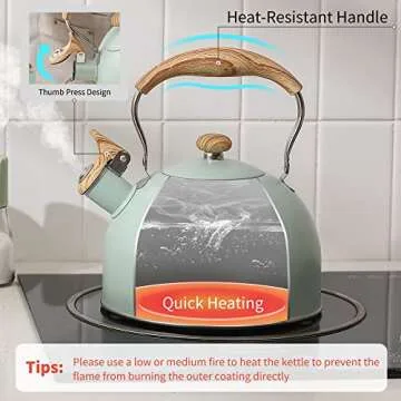 LONFFERY Tea Kettle for Stove Top, 2.5 Quart Whistling Tea Kettle, with Food Grade Stainless Steel and Wood Pattern Folding Handle, Turquoise