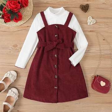 PATPAT Girl's 2 Pieces Dress Set Outfits Mock Neck Long Sleeve Crop Top and Button Down Two Strap Overall Christmas Dresses Sets Red 8-9 Years