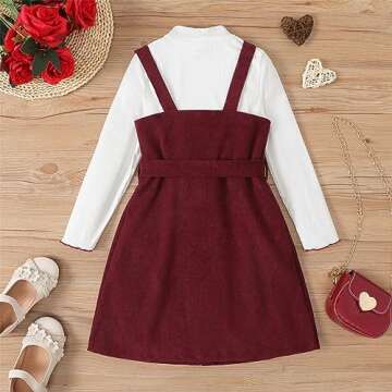 PATPAT Girl's 2 Pieces Dress Set Outfits Mock Neck Long Sleeve Crop Top and Button Down Two Strap Overall Christmas Dresses Sets Red 8-9 Years