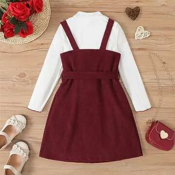 PATPAT Girl's 2 Pieces Dress Set Outfits Mock Neck Long Sleeve Crop Top and Button Down Two Strap Overall Christmas Dresses Sets Red 8-9 Years