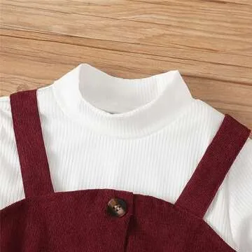 PATPAT Girl's 2 Pieces Dress Set Outfits Mock Neck Long Sleeve Crop Top and Button Down Two Strap Overall Christmas Dresses Sets Red 8-9 Years