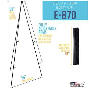 U.S. Art Supply 63" High Steel Easy Folding Display Easel - Quick Set-Up, Instantly Collapses, Adjus...