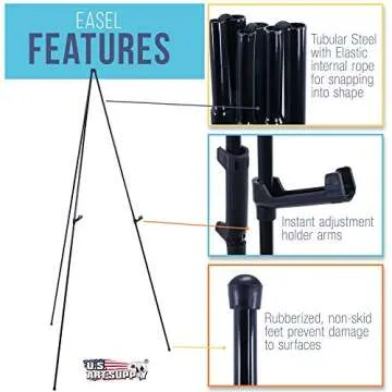 U.S. Art Supply 63" High Steel Easy Folding Display Easel - Quick Set-Up, Instantly Collapses, Adjustable Height Display Holders - Portable Tripod Stand, Presentations, Signs, Posters, Holds 5 lbs