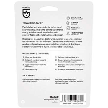 GEAR AID Tenacious Tape 3”x20” Fabric and Vinyl Gear Repair Tape, Quickly Fix Holes and Rips in Puffy Jackets, Rain and Snow Gear, Tents, Sleeping Bag and More, Black, 1 Pack