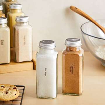 Talented Kitchen 8 Pack Large Glass Spice Bottles with 239 Preprinted Label Stickers, 8 Ounce Empty Square Seasoning Jars with Shaker Lids & Silver Airtight Caps