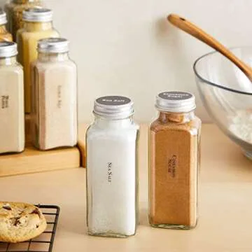Talented Kitchen 8 Pack Large Glass Spice Bottles with 239 Preprinted Label Stickers, 8 Ounce Empty Square Seasoning Jars with Shaker Lids & Silver Airtight Caps