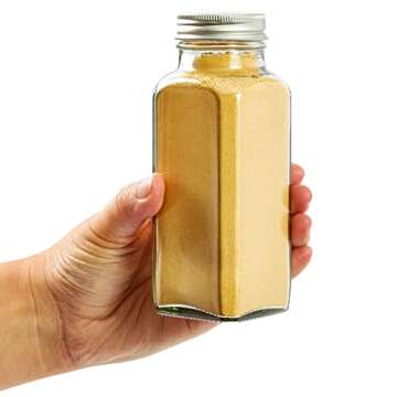 Talented Kitchen 8 Pack Large Glass Spice Bottles with 239 Preprinted Label Stickers, 8 Ounce Empty Square Seasoning Jars with Shaker Lids & Silver Airtight Caps
