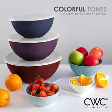 COOK WITH COLOR Mixing Bowls with Lids - 12 Piece Plastic Nesting Bowls Set includes 6 Prep Bowls and 6 Lids, Microwave Safe Mixing Bowl Set (Multicolored Set with Large Blush Bowl)