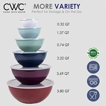 COOK WITH COLOR Mixing Bowls with Lids - 12 Piece Plastic Nesting Bowls Set includes 6 Prep Bowls and 6 Lids, Microwave Safe Mixing Bowl Set (Multicolored Set with Large Blush Bowl)