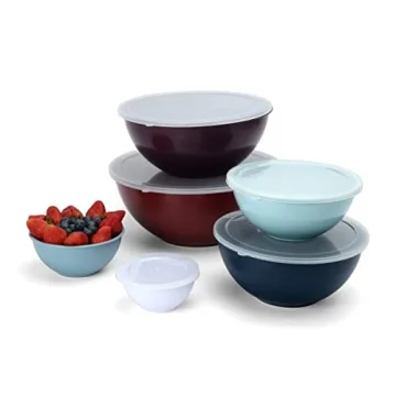 COOK WITH COLOR Mixing Bowls with Lids - 12 Piece Plastic Nesting Bowls Set includes 6 Prep Bowls and 6 Lids, Microwave Safe Mixing Bowl Set (Multicolored Set with Large Blush Bowl)