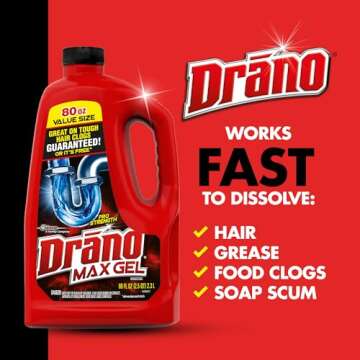 Drano Max Gel Drain Clog Remover and Cleaner for Shower or Sink Drains, Unclogs and Removes Hair, Soap Scum and Blockages, 80 Oz
