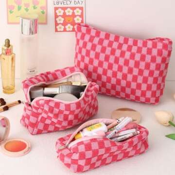 LYDZTION Large Capacity Makeup Bag Set - 3 Pieces Checkered Cosmetic Bag for Women Travel Makeup Bag Organizer Cute Makeup Brushes Storage Bag Travel Toiletry Bag Storage Bag for Women,Pink