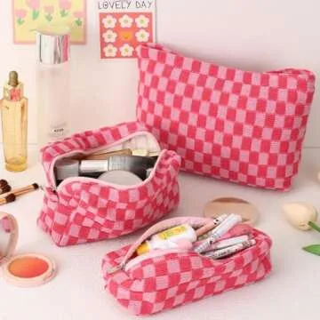 LYDZTION Large Capacity Makeup Bag Set - 3 Pieces Checkered Cosmetic Bag for Women Travel Makeup Bag Organizer Cute Makeup Brushes Storage Bag Travel Toiletry Bag Storage Bag for Women,Pink