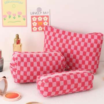 LYDZTION Large Capacity Makeup Bag Set - 3 Pieces Checkered Cosmetic Bag for Women Travel Makeup Bag Organizer Cute Makeup Brushes Storage Bag Travel Toiletry Bag Storage Bag for Women,Pink