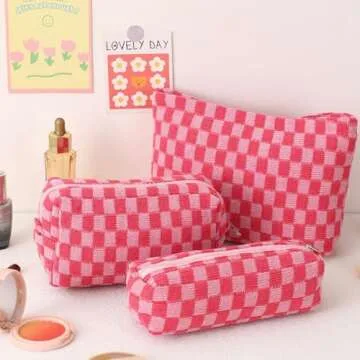 LYDZTION Large Capacity Makeup Bag Set - 3 Pieces Checkered Cosmetic Bag for Women Travel Makeup Bag Organizer Cute Makeup Brushes Storage Bag Travel Toiletry Bag Storage Bag for Women,Pink