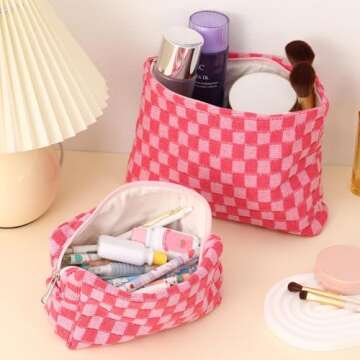LYDZTION Large Capacity Makeup Bag Set - 3 Pieces Checkered Cosmetic Bag for Women Travel Makeup Bag Organizer Cute Makeup Brushes Storage Bag Travel Toiletry Bag Storage Bag for Women,Pink