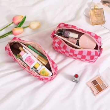 LYDZTION Large Capacity Makeup Bag Set - 3 Pieces Checkered Cosmetic Bag for Women Travel Makeup Bag Organizer Cute Makeup Brushes Storage Bag Travel Toiletry Bag Storage Bag for Women,Pink