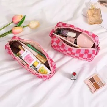 LYDZTION Large Capacity Makeup Bag Set - 3 Pieces Checkered Cosmetic Bag for Women Travel Makeup Bag Organizer Cute Makeup Brushes Storage Bag Travel Toiletry Bag Storage Bag for Women,Pink