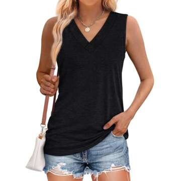 WIHOLL Womens Tank Tops Casual Loose Fit Spring Summer V Neck Outfits Sleeveless Black T Shirts Tren...