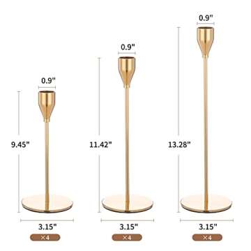 LOKUME Set of 12 Gold Candlestick Holders, Candle Holder for Taper Candle, Fits 3/4 inch Thick Candle&Led Candles Decorative Candlestick Holder for Home Decor, Wedding, Candlelight Dinner, Anniversary