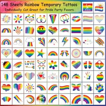 CHARLENT Rainbow Temporary Tattoos 148 Individually Sheets - Pride Tattoos Heart Lips Love Rainbow T...