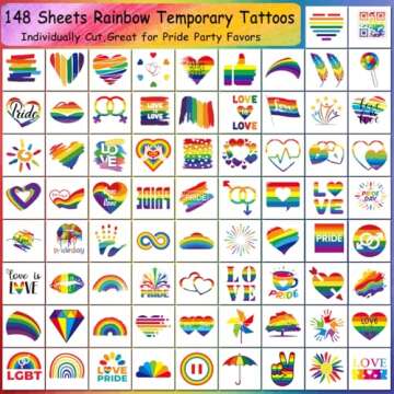 CHARLENT Rainbow Temporary Tattoos 148 Individually Sheets - Pride Tattoos Heart Lips Love Rainbow Tattoos for Pride Festivals