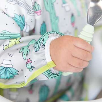 Bumkins Sleeved Bib for Girl or Boy, Baby and Toddler for 6-24 Mos, Essential Must Have for Eating, Feeding, Baby Led Weaning Supplies, Long Sleeve Mess Saving Food Catcher, Soft Fabric, Cactus Green