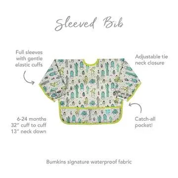 Bumkins Sleeved Bib for Girl or Boy, Baby and Toddler for 6-24 Mos, Essential Must Have for Eating, Feeding, Baby Led Weaning Supplies, Long Sleeve Mess Saving Food Catcher, Soft Fabric, Cactus Green