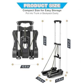 Vsaikeo Small Folding Hand Truck Dolly with 2 Wheels, Lightweight Aluminum Foldable Luggage Cart, Co...