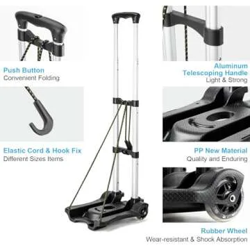 Vsaikeo Small Folding Hand Truck Dolly with 2 Wheels, Lightweight Aluminum Foldable Luggage Cart, Collapsible Cart Portable Dolly for Airport Travel Moving Use