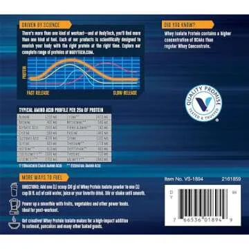 BodyTech Whey Protein Isolate Powder - with 25 Grams of Protein per Serving & BCAA's - Ideal for Post Workout Muscle Building and Growth, Contains Milk and Soy, Cinnamon Cereal Flavor (1.5 Pounds)